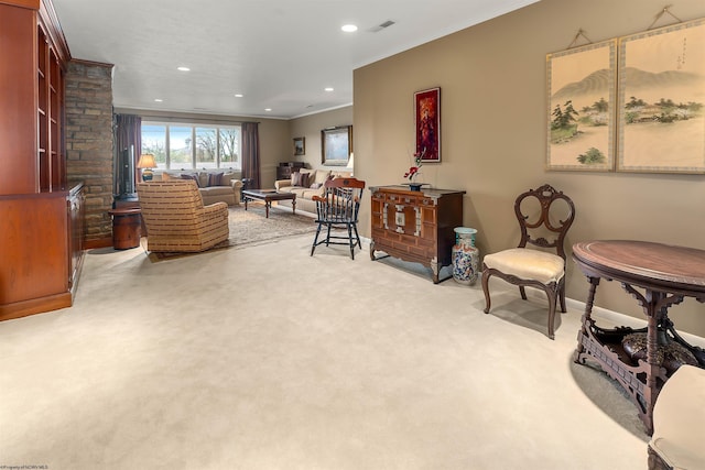 1348 Anderson Ave, Morgantown, WV 26505 - living room featuring light carpet, crown molding, and recessed lighting