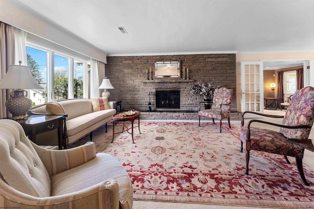 1348 Anderson Ave, Morgantown, WV 26505 - carpeted living area featuring ornamental molding and a brick fireplace