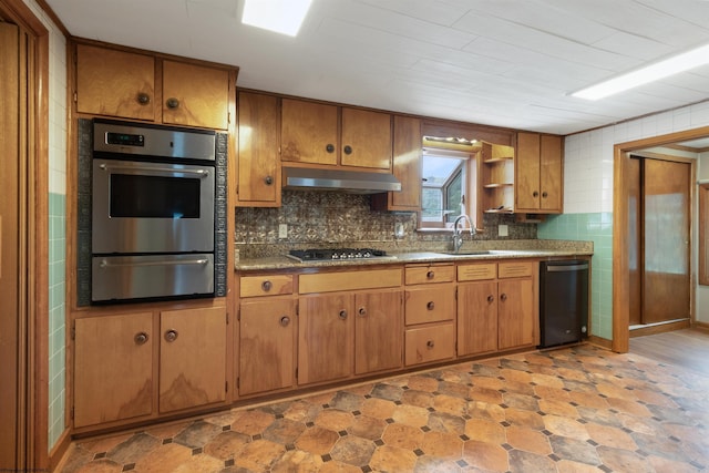 42 Crummitt Ln, Clarksburg, WV 26301 - kitchen with stainless steel appliances, a warming drawer, under cabinet range hood, open shelves, and brown cabinets