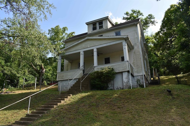 132 Racine St, Morgantown, WV 26505 - view of front facade with stairway, a porch, a front yard, and a ceiling fan