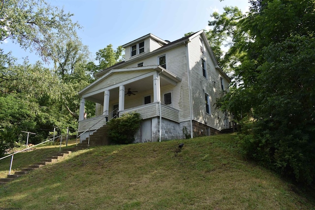 132 Racine St, Morgantown, WV 26505 - view of front of house with stairway, a ceiling fan, a front lawn, and a porch