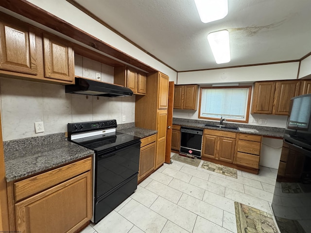 113 Buckhannon Ave, Clarksburg, WV 26301 - kitchen featuring black appliances, under cabinet range hood, brown cabinetry, light tile patterned floors, and a textured ceiling