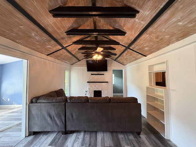 1998 Lake Floyd Cir, Bristol, WV 26426 - living area featuring wooden ceiling, a fireplace, a ceiling fan, and wood finished floors