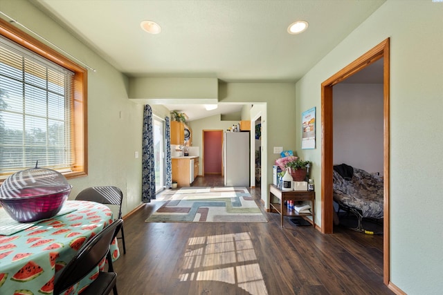 bedroom featuring dark hardwood / wood-style flooring, stainless steel fridge, and lofted ceiling