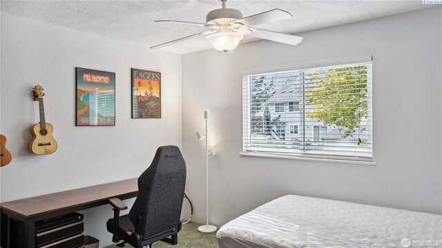 863 S Meadowlark Ln, Othello, WA 99344 - bedroom featuring carpet, a textured ceiling, a ceiling fan, and an office area