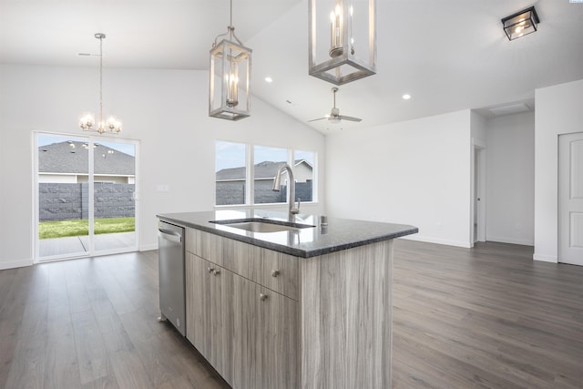 8509 Ashen Dr, Pasco, WA 99301 - kitchen with stainless steel dishwasher, modern cabinets, a chandelier, light brown cabinetry, and dark wood finished floors
