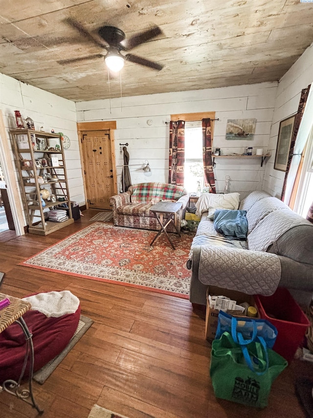 307 G St, Endicott, WA 99125 - living area featuring ceiling fan, hardwood / wood-style flooring, plenty of natural light, wooden walls, and wooden ceiling