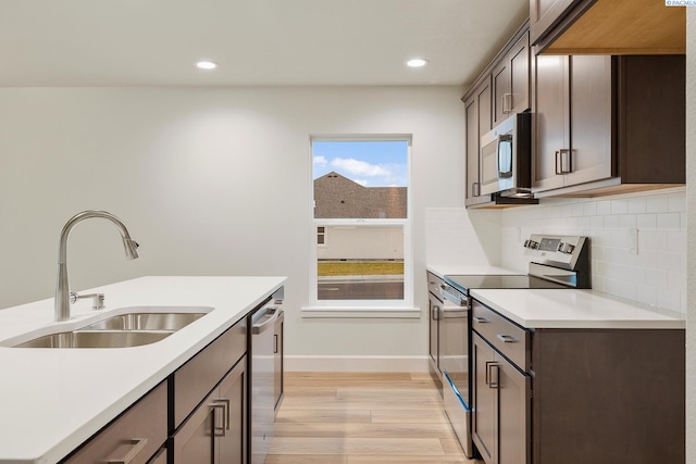 kitchen featuring stainless steel appliances, light hardwood / wood-style floors, sink, and backsplash