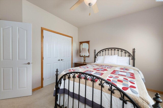 3610 S Johnson St, Kennewick, WA 99337 - bedroom with light carpet, a closet, ceiling fan, and baseboards