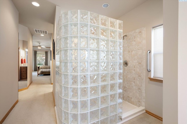 3610 S Johnson St, Kennewick, WA 99337 - ensuite bathroom featuring a walk in shower, baseboards, recessed lighting, and ceiling fan