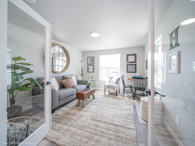 living room featuring baseboards, a textured ceiling, and french doors