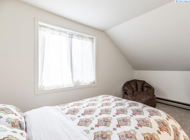 501 W California St, Garfield, WA 99130 - bedroom featuring a baseboard heating unit, carpet flooring, and lofted ceiling