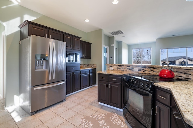 kitchen featuring black appliances, tasteful backsplash, light tile patterned floors, and visible vents