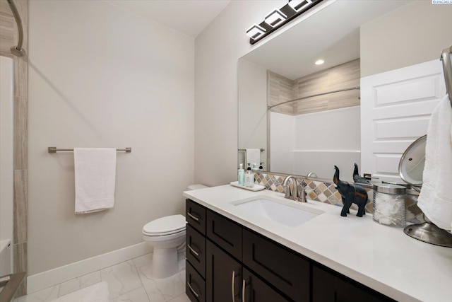 bathroom with marble finish floor, walk in shower, toilet, and baseboards