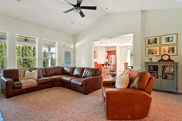 6117 Dorchester Ct, Pasco, WA 99301 - living area featuring light colored carpet, ceiling fan, and lofted ceiling