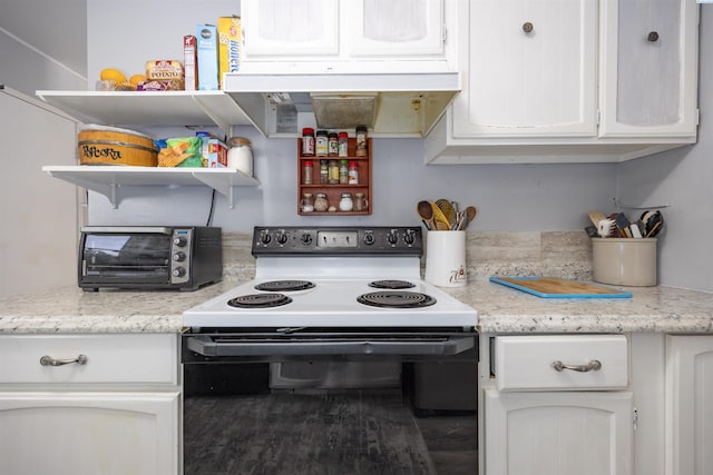 2017 Everest Ave, Richland, WA 99354 - kitchen with electric range oven, white cabinetry, light countertops, extractor fan, and open shelves