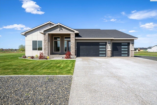 view of front of home with a front yard, stone siding, a garage, and driveway