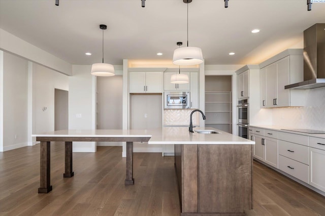 kitchen with tasteful backsplash, dark wood-type flooring, wall chimney exhaust hood, stainless steel appliances, and a sink