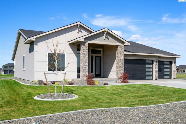 view of front facade featuring a garage, stucco siding, stone siding, a front lawn, and concrete driveway