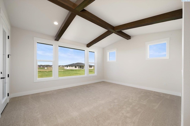 unfurnished room featuring baseboards, vaulted ceiling with beams, carpet, and recessed lighting