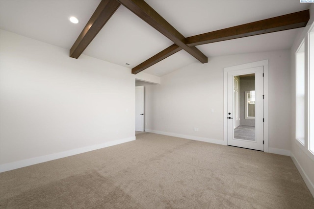 carpeted empty room with baseboards, recessed lighting, and lofted ceiling with beams