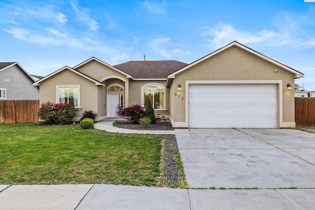 ranch-style house with stucco siding, a garage, driveway, and a shingled roof
