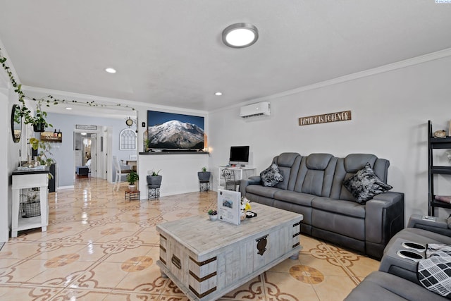 living room with crown molding, light tile patterned floors, baseboards, an AC wall unit, and recessed lighting