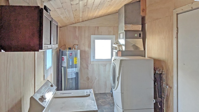 1804 Cedar St, Colfax, WA 99111 - washroom featuring water heater, wood ceiling, wood walls, and washing machine and clothes dryer