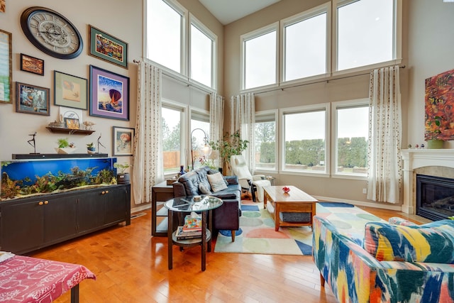 living room featuring a towering ceiling and light hardwood / wood-style floors