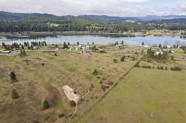 drone / aerial view featuring a view of trees and a water and mountain view