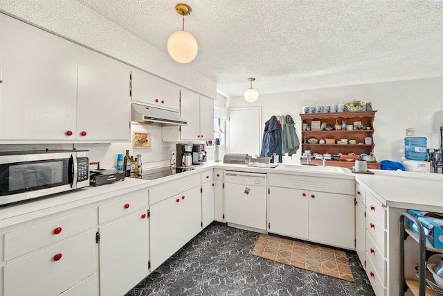 kitchen featuring sink, white cabinetry, hanging light fixtures, black electric cooktop, and dishwasher