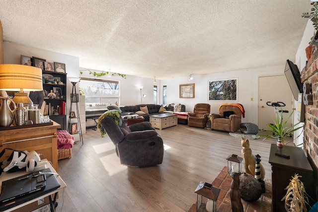 living room featuring a textured ceiling and light hardwood / wood-style flooring