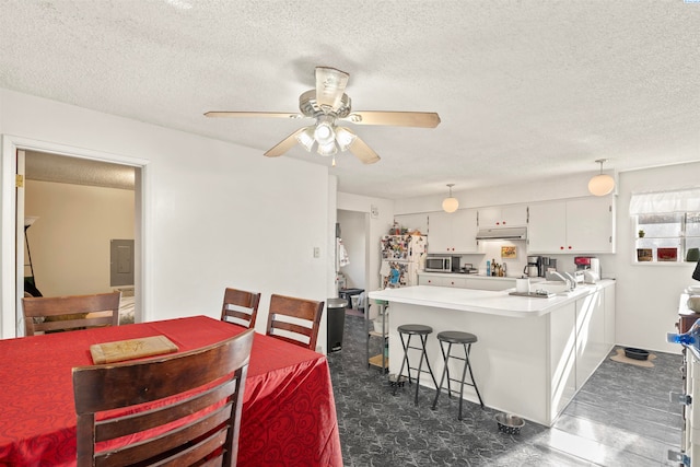 dining space with ceiling fan, electric panel, and a textured ceiling