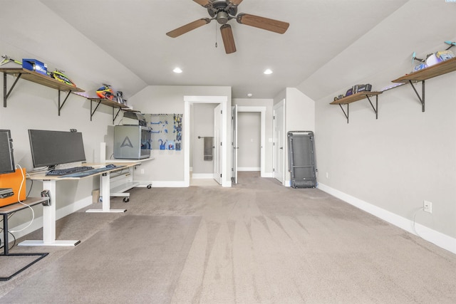 carpeted office with vaulted ceiling, baseboards, a ceiling fan, and recessed lighting