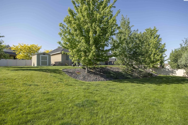 view of yard featuring a storage unit, an outdoor structure, and fence private yard
