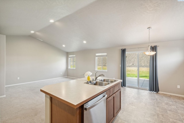 6834 W 25th Ave, Kennewick, WA 99338 - kitchen with baseboards, dishwasher, a sink, recessed lighting, and a center island with sink
