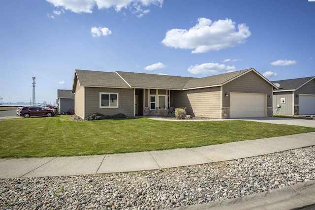 615 N Larkspur Dr, Othello, WA 99344 - ranch-style home featuring a front yard, a shingled roof, an attached garage, stone siding, and driveway