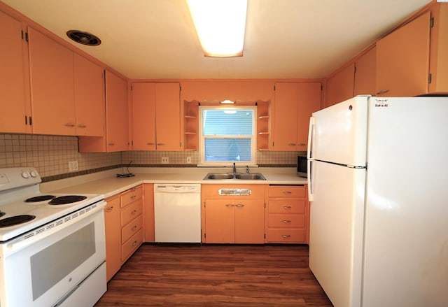 1004 NE D St, Pullman, WA 99163 - kitchen with white appliances, open shelves, dark wood-style flooring, a sink, and backsplash
