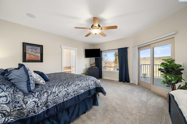 bedroom featuring light carpet, connected bathroom, access to outside, and ceiling fan