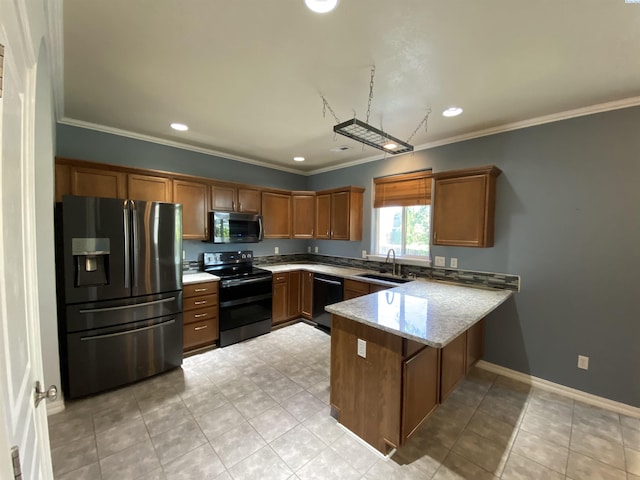 2002 Diamond Head Way, West Richland, WA 99353 - kitchen with appliances with stainless steel finishes, a peninsula, brown cabinetry, recessed lighting, and ornamental molding