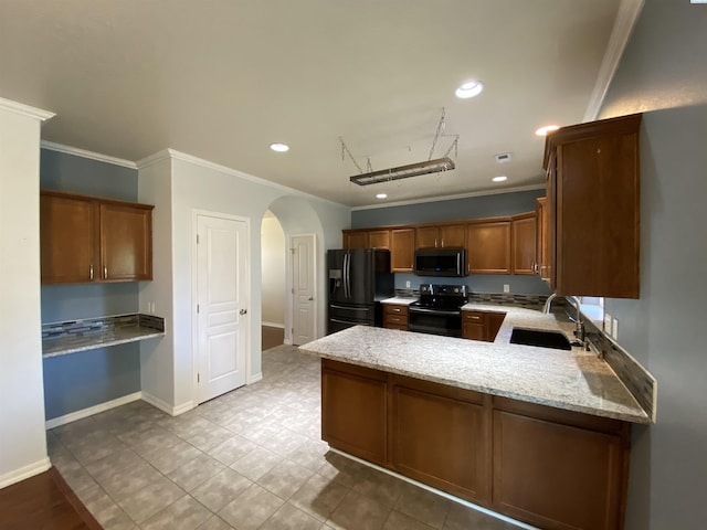 2002 Diamond Head Way, West Richland, WA 99353 - kitchen featuring black appliances, crown molding, a peninsula, arched walkways, and light stone counters