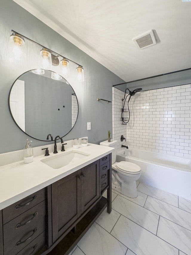 full bathroom featuring marble finish floor, shower / bath combination, visible vents, toilet, and vanity