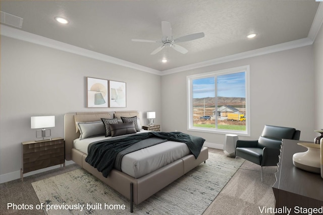 carpeted bedroom featuring crown molding, baseboards, recessed lighting, and a ceiling fan