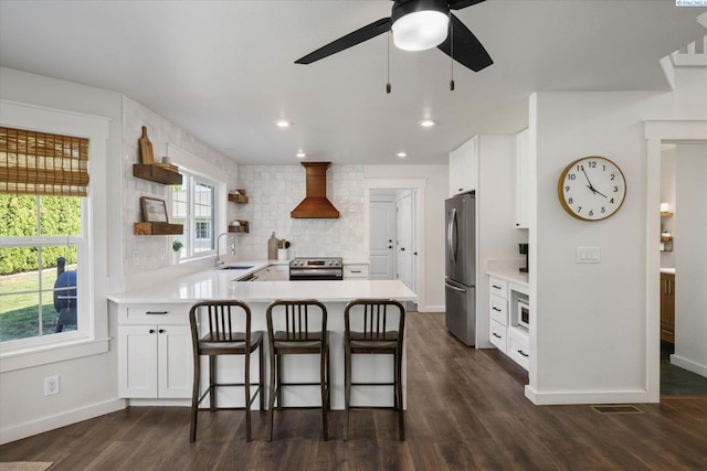 10219 W Argent Rd, Pasco, WA 99301 - kitchen featuring stainless steel appliances, a peninsula, light countertops, premium range hood, and open shelves