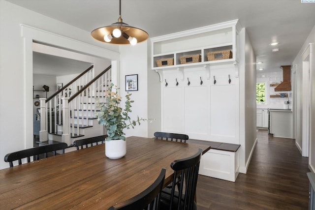 10219 W Argent Rd, Pasco, WA 99301 - dining space with dark wood-style flooring, stairway, and recessed lighting