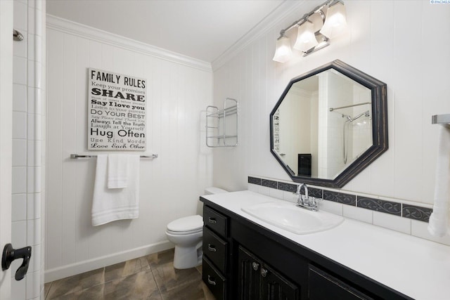 10219 W Argent Rd, Pasco, WA 99301 - bathroom featuring crown molding, vanity, decorative backsplash, and a shower