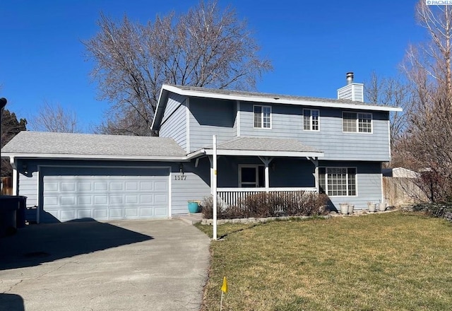 view of front of property featuring a porch, an attached garage, driveway, a chimney, and a front yard