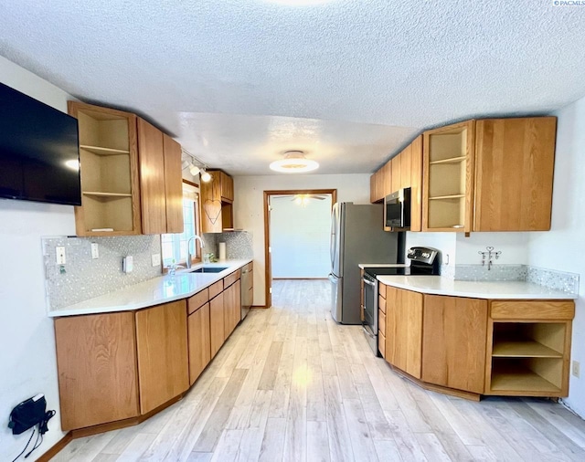 kitchen with light wood finished floors, decorative backsplash, appliances with stainless steel finishes, open shelves, and a sink