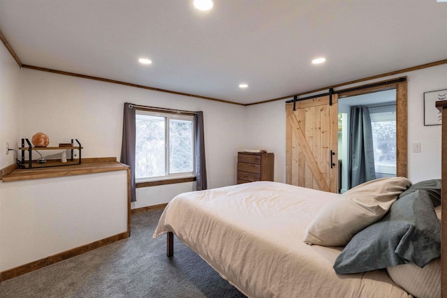807 S Mill St, Colfax, WA 99111 - carpeted bedroom with crown molding, recessed lighting, baseboards, and a barn door