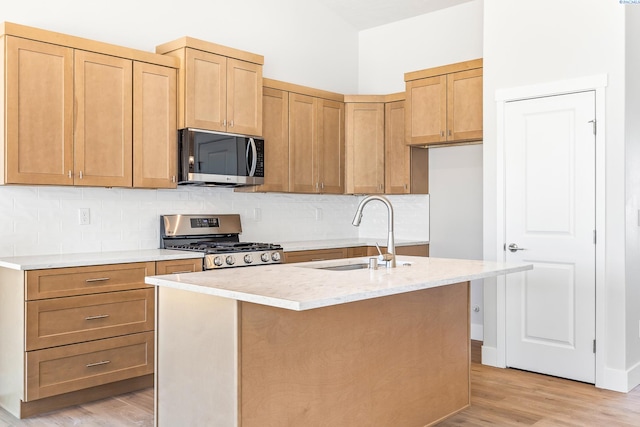 kitchen featuring appliances with stainless steel finishes, a sink, light wood finished floors, backsplash, and a center island with sink